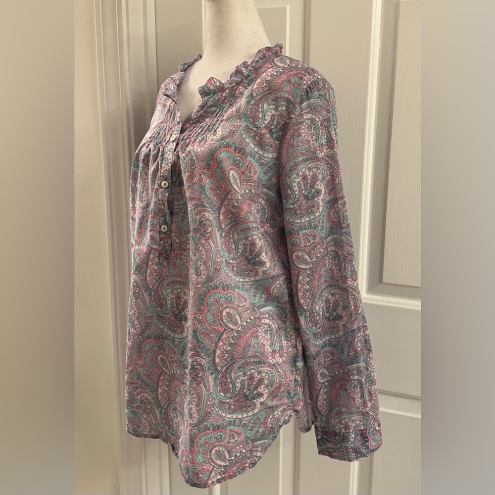 Talbots Popover Paisley Ruffle Pleated Blouse Size M Cotton Pink Blue Multi - Picture 3 of 10